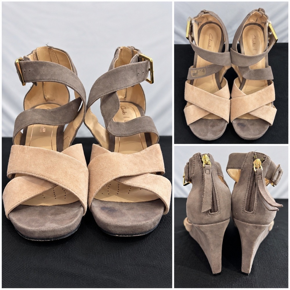 Clarks Cushion Plus Suede Wedge Sandals Taupe Beige Womens 8.5 M